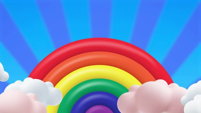 Multi colored rainbow in pink and white fluffy clouds with bright blue sky