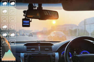 Environment and meteorology data forecast symbol for travel industry presentation and report background with image from car interior show blurry bright traffic on expressway and summer sunrise season. - 761118007