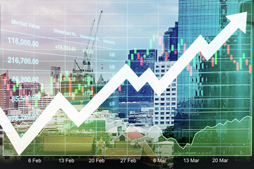 Stock financial index of successful investment on property real estate business insurance and construction industry with graph and chart on urban skyscrapers background. - 761118040