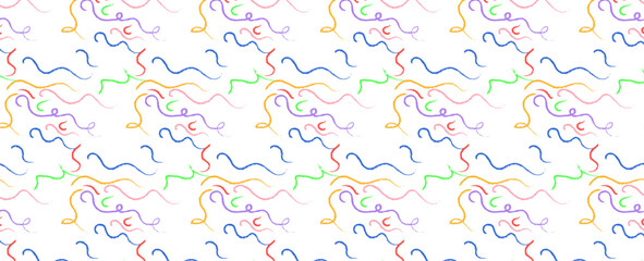 Multi colored squiggles with circles seamless pattern. Brush drawn bold curved lines, waves and swirls. Abstract fun colorful background with organic bold lines. Childish doodles and scribbles. vector