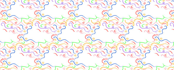 Multi colored squiggles with circles seamless pattern. Brush drawn bold curved lines, waves and swirls. Abstract fun colorful background with organic bold lines. Childish doodles and scribbles. vector