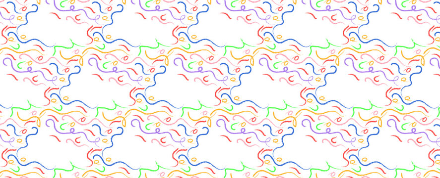 Multi colored squiggles with circles seamless pattern. Brush drawn bold curved lines, waves and swirls. Abstract fun colorful background with organic bold lines. Childish doodles and scribbles. vector