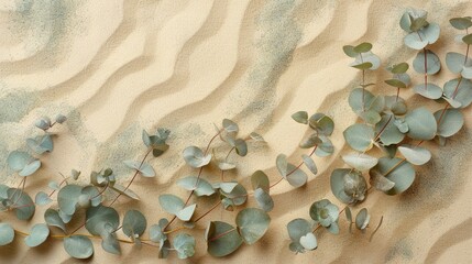 Fototapeta na wymiar Sprigs of eucalyptus rest on a sandy texture, reminiscent of a tranquil beach scene and coastal flora.
