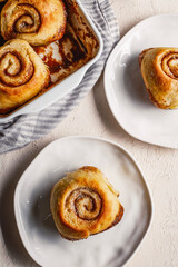 Cinnamon rolls airy breakfast with coffee and tea 