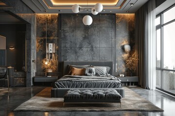 An exquisite modern bedroom with dark tones and golden accents creating a luxurious and contemporary atmosphere