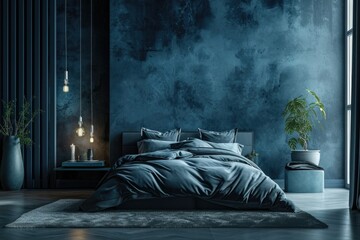 Sleek, contemporary bedroom in shades of blue, creating a tranquil and luxurious urban retreat