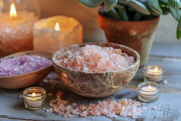 Fototapeta na wymiar A soothing series of images presenting pink Himalayan salt in handcrafted bowls, complemented by soft candlelight and greenery for a serene home setting