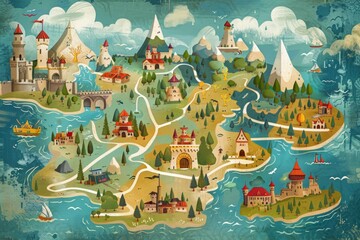 This illustration captures a storybook kingdom, with winding rivers, majestic castles, and quaint villages nestled among mountains