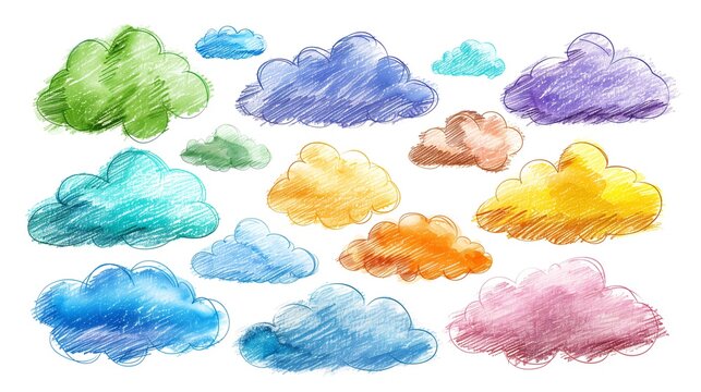 Assorted Colorful Crayon Clouds on White Background