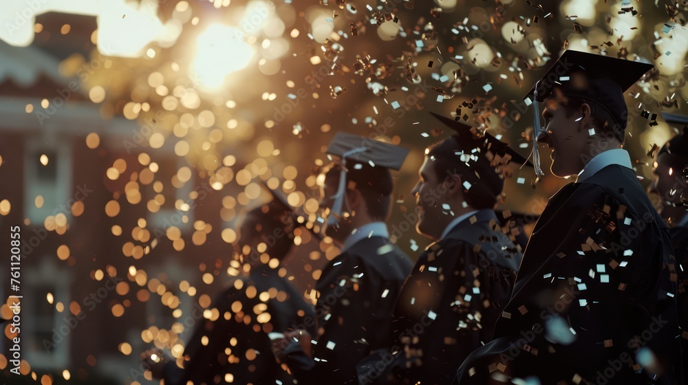 Wall mural Graduation celebration at the university. Graduation caps thrown into the air