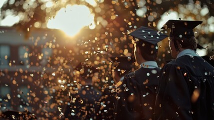 Fototapeta premium Graduation celebration at the university. Graduation caps thrown into the air