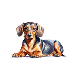 Dachshund dog sitting watercolor illustration, cute dog vector clipart, cut out on white background, dog breed, domestic pet, animal, adorable