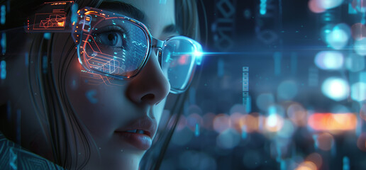 A woman wears digital glasses and gazes at a holographic display. Futuristic technology and innovation. Generative AI. - obrazy, fototapety, plakaty