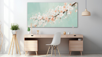Serene Home Office with Cherry Blossoms, Pastel Tones, Spring Renewal Concept, Suitable for Interior Design Magazines, Wall Art, and Home Decor Catalogs