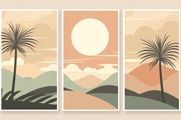 Obraz premium Abstract Palm Tree and Mountain Sunset, Wall Art Prints in Picture Frame