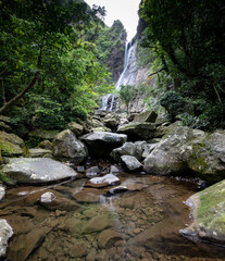Great Alibang waterfall hidden in the forest, stream fall from the high cliff, big rocks covered by moss, in Jinshan, New Taipei City, Taiwan.