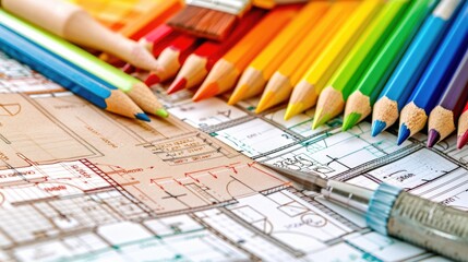 Fototapeta premium Close up of Architect designer Interior creative working hand drawing sketch plan blue print at office studio.