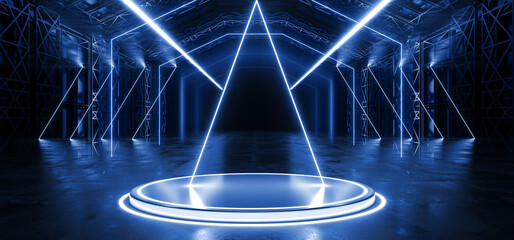 Sci Fi Cyber Futuristic Neon Laser Blue VIbrant Triangle Lights On Alien Modern Hall Stage Podium Tunnel Corridor Metal Concrete Made Garage 3D Rendering - 761122081