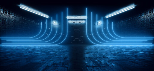 Sci Fi Cyber Futuristic Neon Laser Blue VIbrant Line Lights On Alien Modern Hall Stage Podium Tunnel Corridor Metal Concrete Made Garage 3D Rendering - 761122299