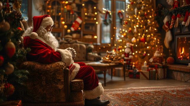 Santa sitting in the room with Christmas decoration, generative Ai