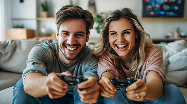 laughing couple playing a video game with joysticks on sofa, generative Ai