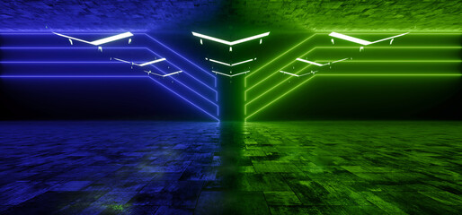 Sci Fi Cyber Futuristic Neon Laser Blue Green Line Lights VIbrant Alien Modern Metal Hall Stage Podium Tunnel Corridor Metal Concrete Warehouse Garage 3D Rendering