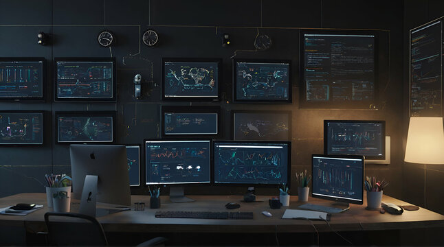  conceptual image of a developer's workspace with multiple screen.generative.ai