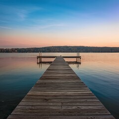A long wooden pier on a smooth lake.