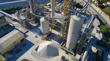 An aerial view of a cement plant with silos,  kilns,  and conveyors producing cement
