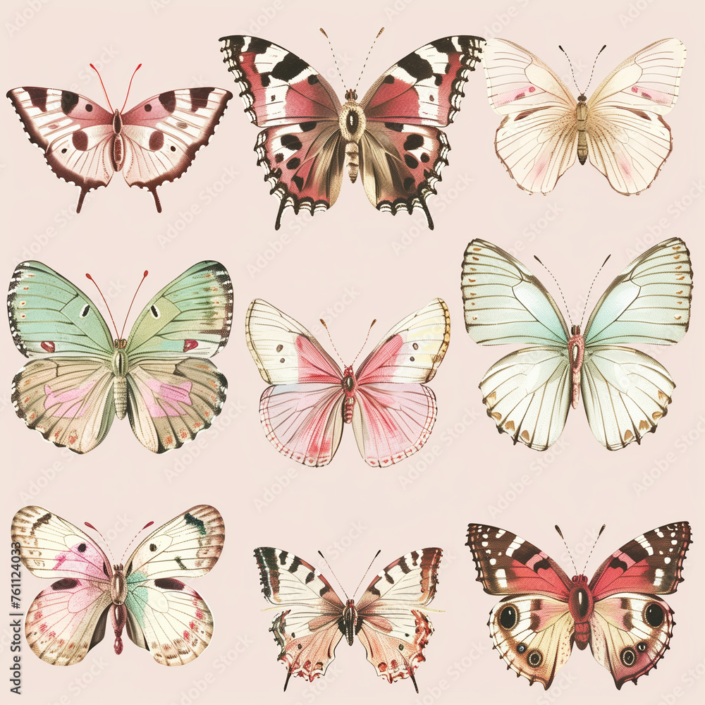 Poster a repeating design featuring colorful butterflies in flight (inspired by seamless patterns with butt