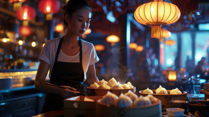 At night, in a restaurant with traditional lanterns, a Chinese woman readies herself to serve dim sum - obrazy, fototapety, plakaty