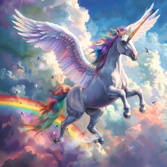 Fototapeta na wymiar Artistic Style Painting Drawing of Unicorn with Wings Flying Over a Rainbow Perfect for Print on Demand