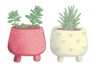 Ilustración digital de plantas suculentas en macetas con corazones