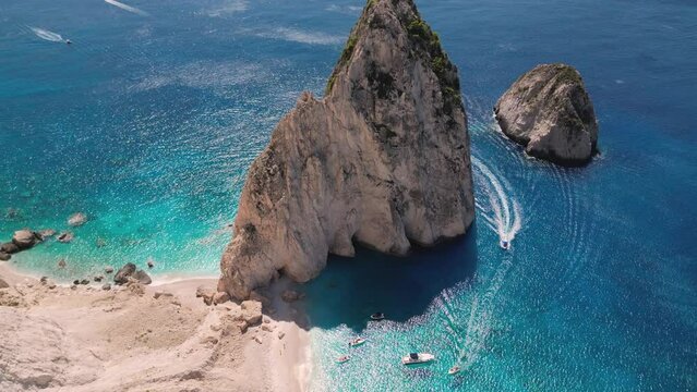 Aerial view of the Mizithres rock formation in Ionian sea. Keri, Zakynthos island in Greece.