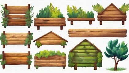 Several forest boards, flat icons set. Cartoon set of wooden boards and signposts with trees in the forest, isolated on white background. - obrazy, fototapety, plakaty