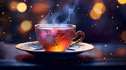 Tea cup drinking  of tea cup sitting on a tea saucer
 - obrazy, fototapety, plakaty