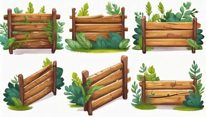 Fototapeta premium Several forest boards, flat icons set. Cartoon set of wooden boards and signposts with trees in the forest, isolated on white background.