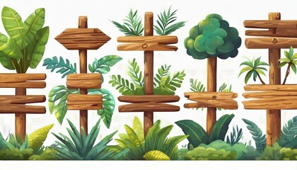 Several forest boards, flat icons set. Cartoon set of wooden boards and signposts with trees in the forest, isolated on white background.