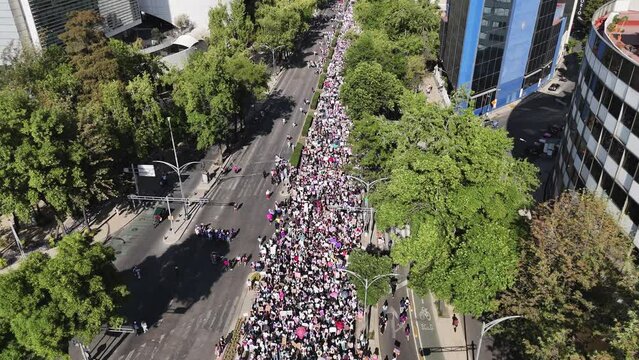 Aerial footage captures the Women's Day March on Avenida Reforma in CDMX on a sunny day.