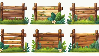 Fototapeta premium Several forest boards, flat icons set. Cartoon set of wooden boards and signposts with trees in the forest, isolated on white background.