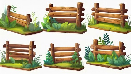 Fototapeta premium Several forest boards, flat icons set. Cartoon set of wooden boards and signposts with trees in the forest, isolated on white background.