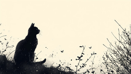 A silhouette cat sitting in a garden