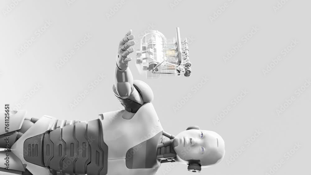 Poster cyborg humanoid robot holding on palm hand a new motor engine prototype discovery new revolutionary 