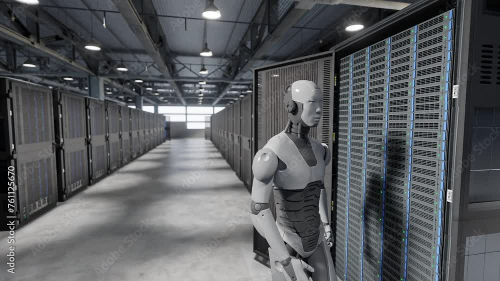 Poster cyborg humanoid in to server internet hi tech room giving birth concept artificial intelligence taki
