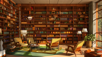 a mid-century modern library,  a retro armchair, and warm lighting.