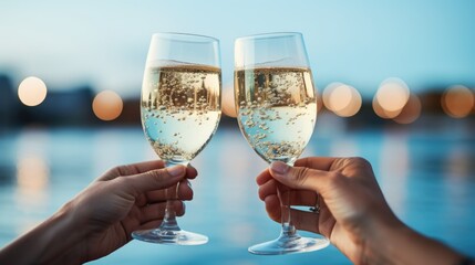 Two glasses of sparkling water in wine glasses over blur spots lights background. Celebration concept, free from alcohol