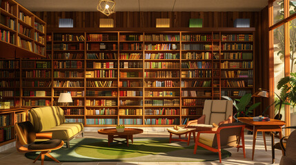 a mid-century modern library,  a retro armchair, and warm lighting.