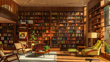 a mid-century modern library,  a retro armchair, and warm lighting.