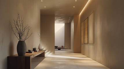 Modern minimalist hallway with recessed lighting and artful decor pieces - obrazy, fototapety, plakaty