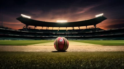 Deurstickers  cricket ball stadium night with sport light background generative by artificial intelligence  © DUA